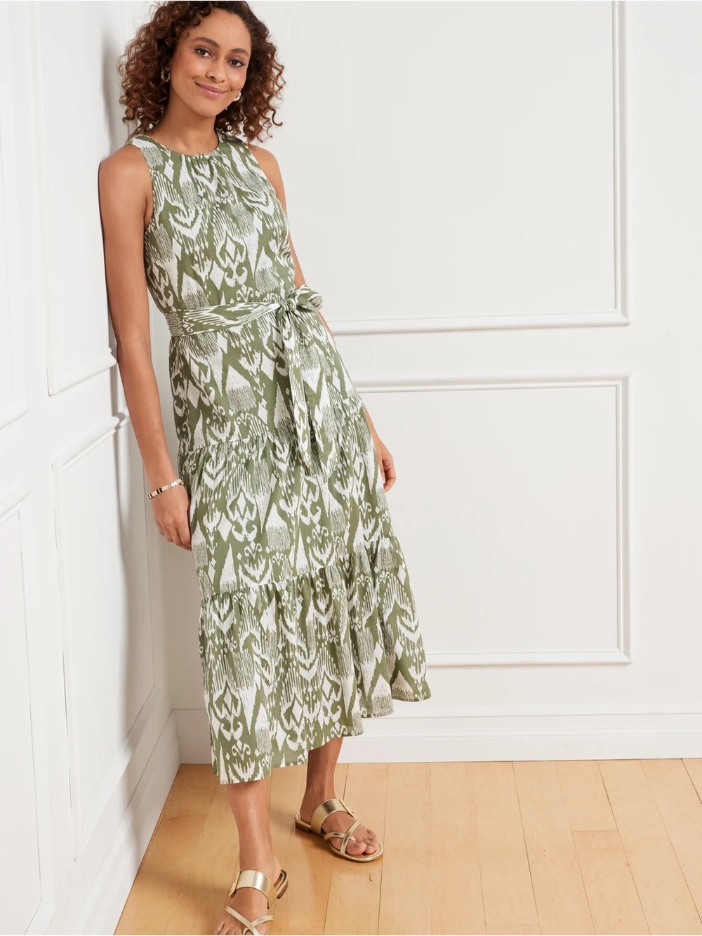 Talbots Olive & White Ikat Tie-Waist Midi Dress - Picture 1 of 7